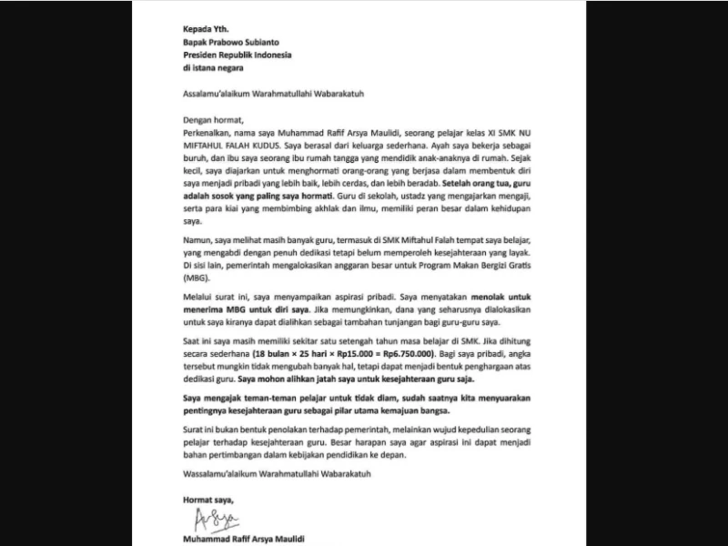 Viral! Surat Siswa SMK NU Miftahul Falah Kudus ke Prabowo: Tolak MBG Demi Kesejahteraan Guru